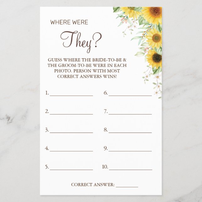 Sunflower Where were They Bridal shower game card (Front)