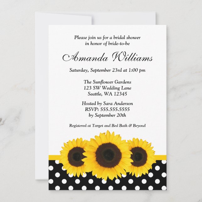 Sunflower White and Black Polka Dot Bridal Shower Invitation (Front)