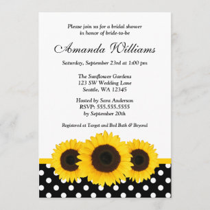Sunflower White and Black Polka Dot Bridal Shower Invitation