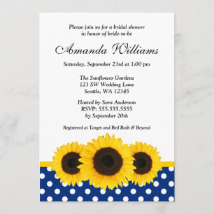 Sunflower White and Blue Polka Dot Bridal Shower Invitation