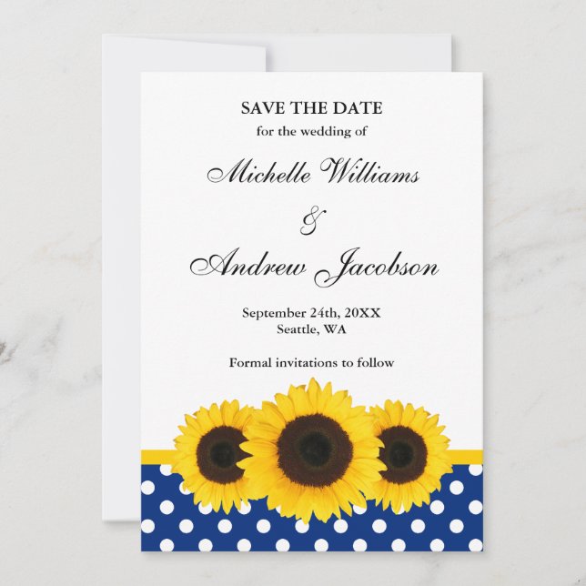 Sunflower White and Blue Polka Dot Save the Date (Front)
