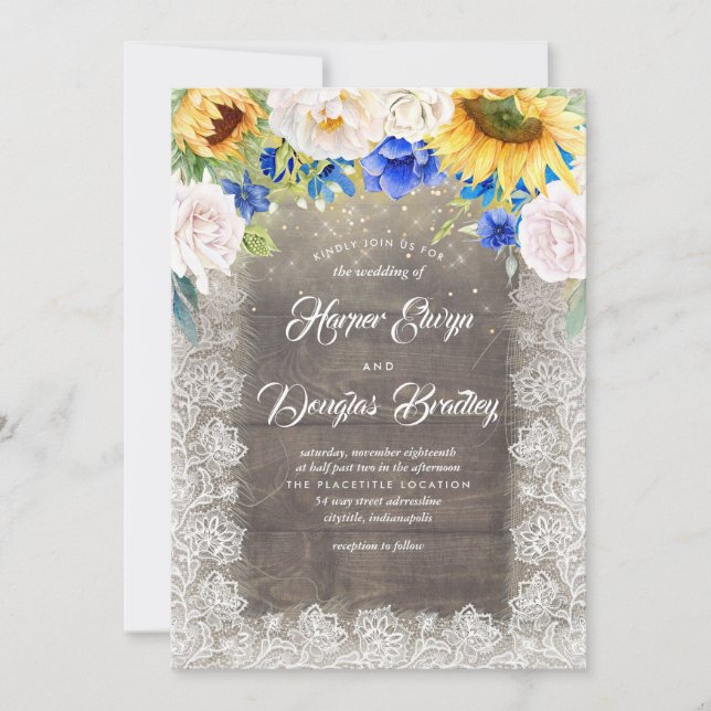 Sunflower White and Blue Rustic Fall Wedding Invitation (Front)