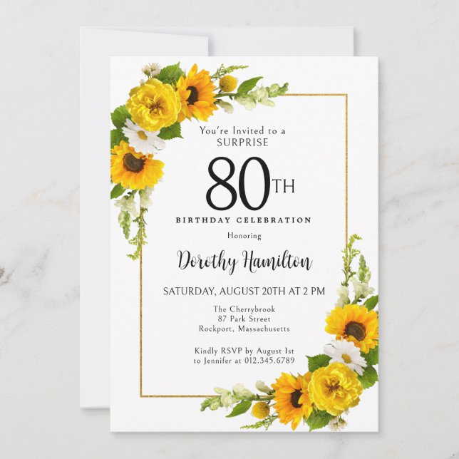 Sunflower White Daisy 80th Birthday Surprise Invitation (Front)