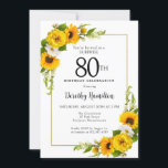 Sunflower White Daisy 80th Birthday Surprise Invitation<br><div class="desc">Pretty yellow sunflower floral 90th birthday card. Yellow peonies and white daisies mingle with the sunflowers. A rectangular gold frame gives it an elegant vibe. Very easy to customise. That back is white with a sunflower bouquet. This is a perfect for a summer birthday celebration. This item is party of...</div>