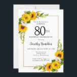 Sunflower White Daisy 80th Birthday Surprise Invitation<br><div class="desc">Pretty yellow sunflower floral 90th birthday card. Yellow peonies and white daisies mingle with the sunflowers. A rectangular gold frame gives it an elegant vibe. Very easy to customise. That back is white with a sunflower bouquet. This is a perfect for a summer birthday celebration. This item is party of...</div>