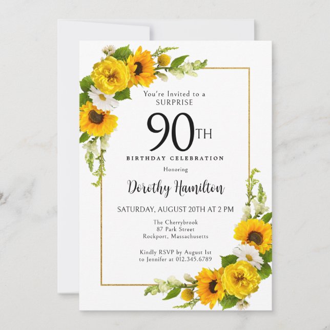 Sunflower White Daisy 90th Birthday Surprise Invitation (Front)