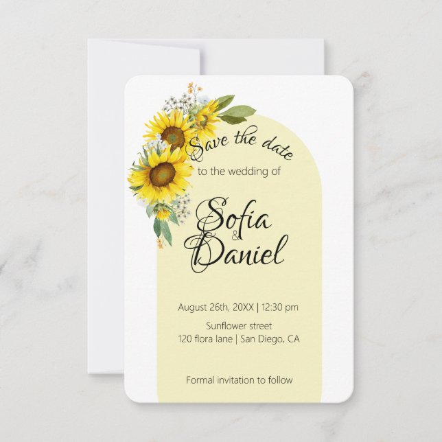 Sunflower white daisy arch elegant photo save the date (Front)