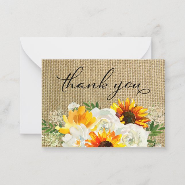 Sunflower & White Floral Burlap 2B Small Thank You Card (Front)