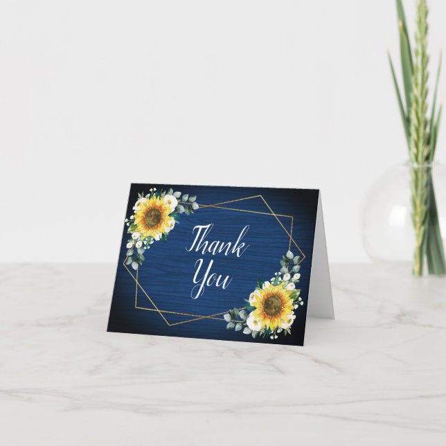Sunflower White Floral Navy Wood Geometric Wedding Thank You Card (Front)