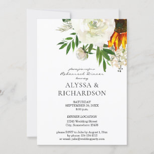 Sunflower & White Floral Rehearsal Dinner - White Invitation