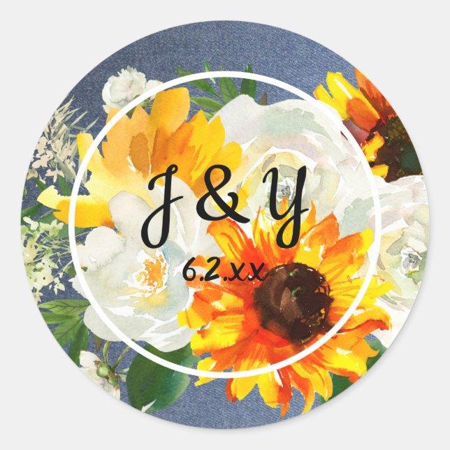 Sunflower & White Monogram Thank You- Blue Jean Classic Round Sticker (Front)