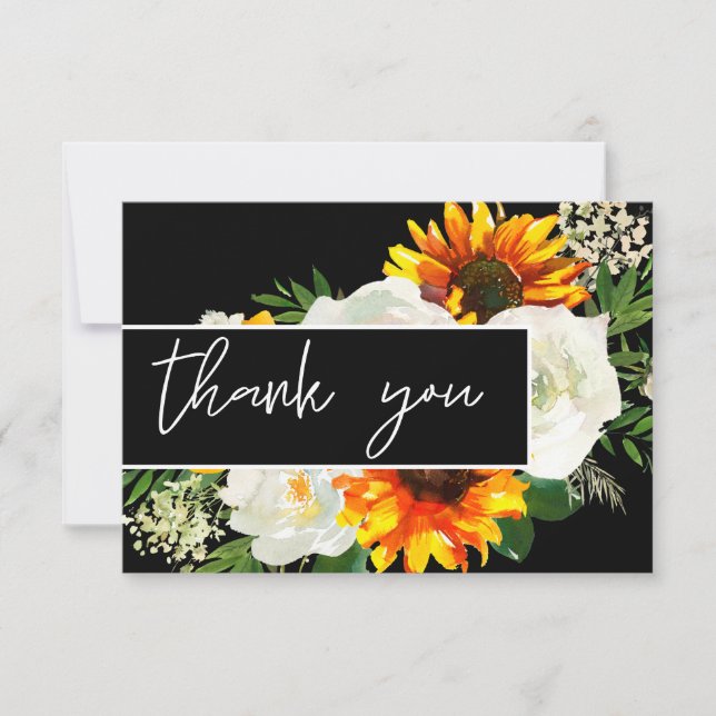 Sunflower & White Rose Artsty Floral - Black Thank You Card (Front)