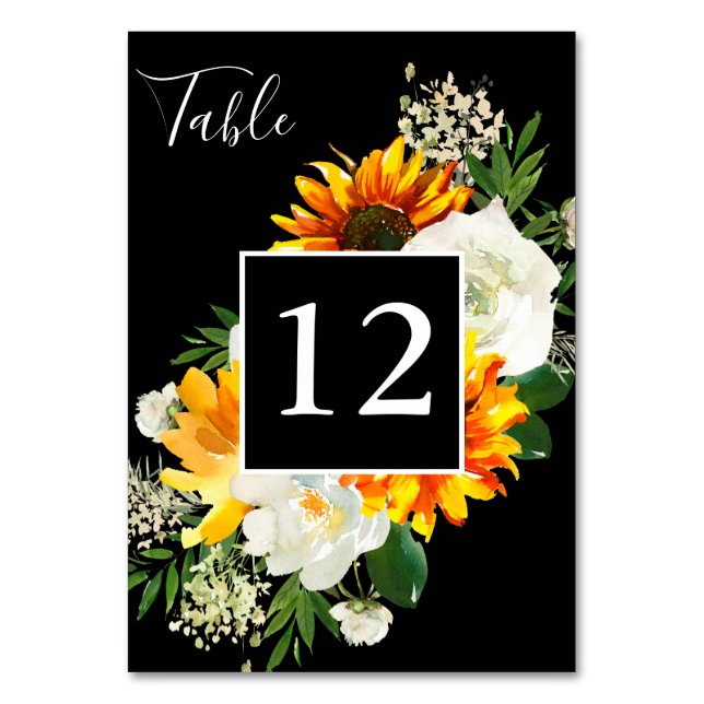 Sunflower & White Rose Artsy Floral - Black 2 Table Number (Front)