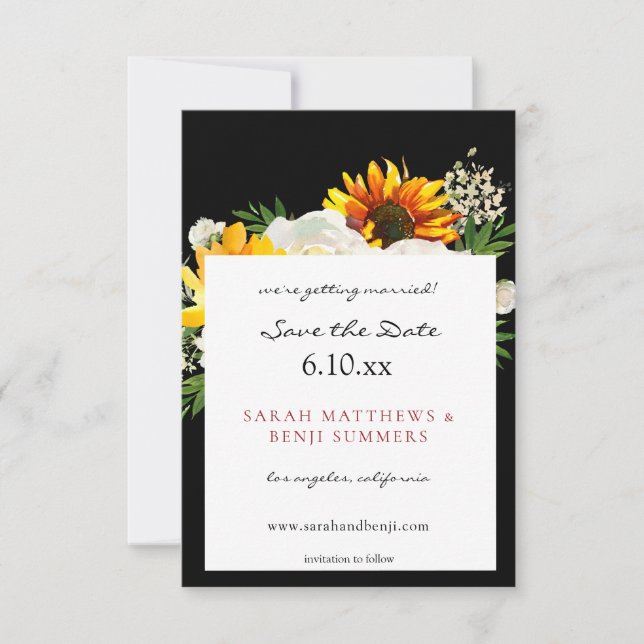 Sunflower & White Rose Artsy Floral - Black Save The Date (Front)