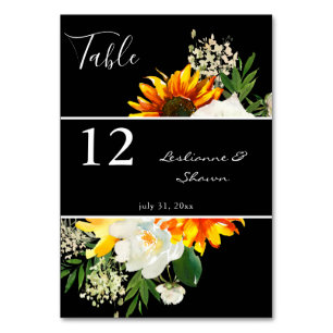 Sunflower & White Rose Artsy Floral - Black Table Number