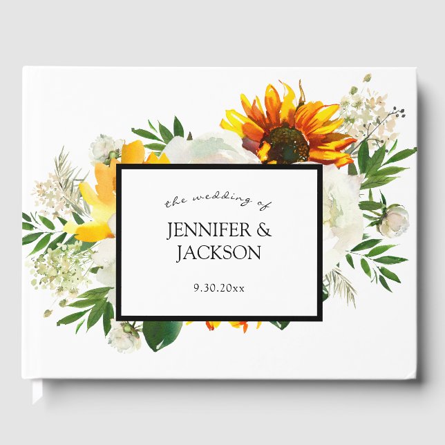 Sunflower & White Rose Artsy Floral Guest Book (Front)