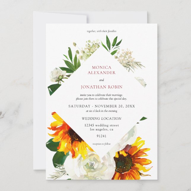 Sunflower & White Rose Artsy Floral Wedding Invitation (Front)