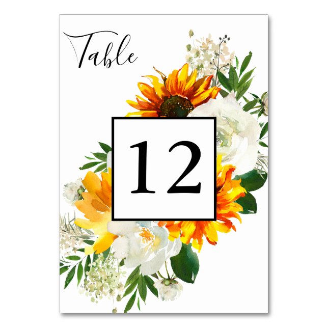 Sunflower & White Rose Artsy Floral - White 2 Table Number (Front)