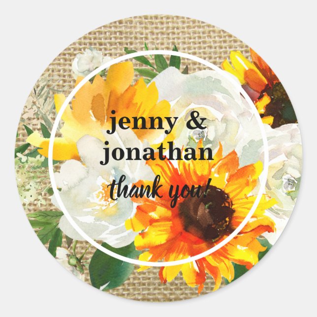 Sunflower & White Rose Burlap Thank You Classic Round Sticker (Front)