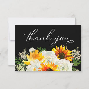 Sunflower & White Rose Floral 2 Black Thank You Card