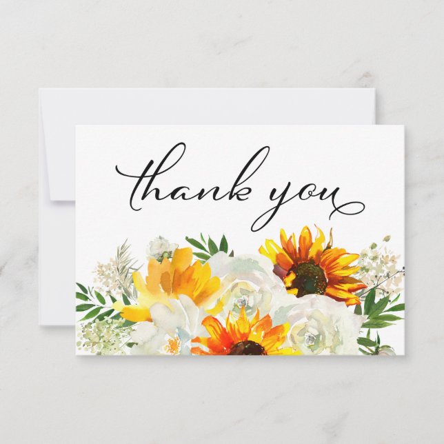 Sunflower & White Rose Floral 2 White  Thank You Card (Front)
