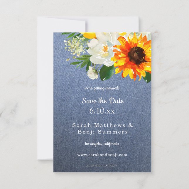 Sunflower & White Rose Floral & Jean Save The Date (Front)