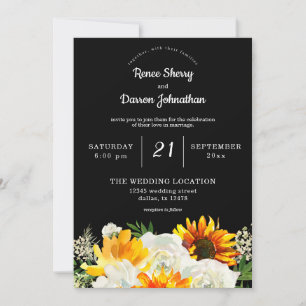Sunflower & White Rose Floral Wedding - Black Invitation