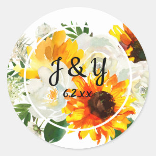 Sunflower & White Rose Monogram Thank You- White Classic Round Sticker