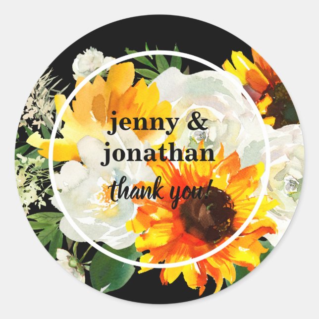 Sunflower & White Rose Thank You- Black Classic Round Sticker (Front)