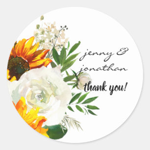 Sunflower & White Rose Thank You- White 2 Classic Round Sticker