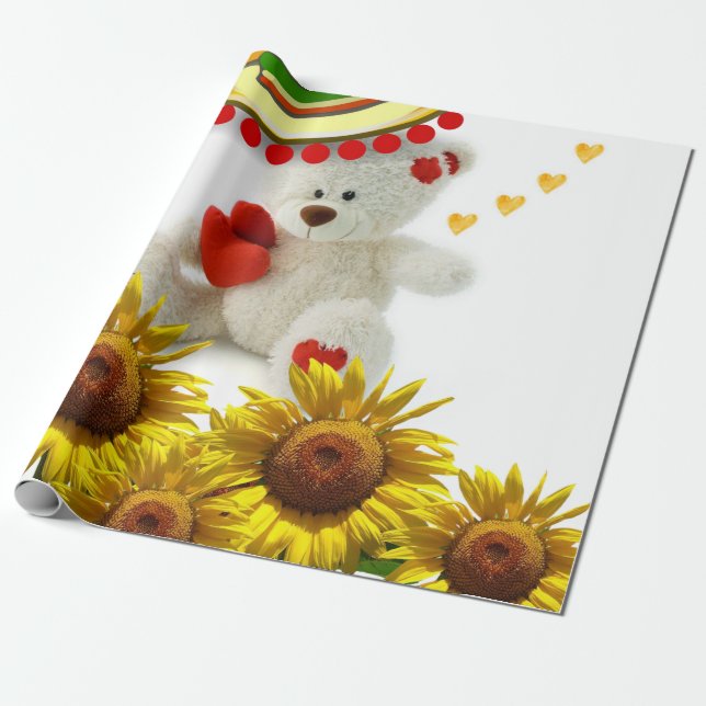 Sunflower White Teddy Bear Matte Wrapping Paper (Unrolled)