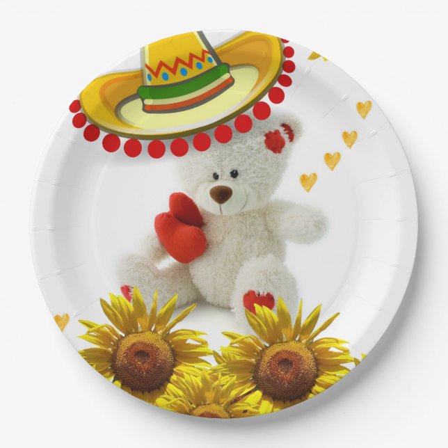 Sunflower White Teddy Bear Paper Plates (Front)