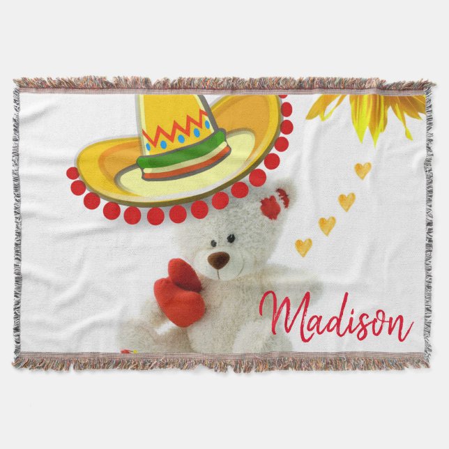 Sunflower White Teddy Bear Throw Blanket (Front)