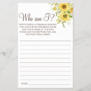 Sunflower Who I am Bridal shower game card