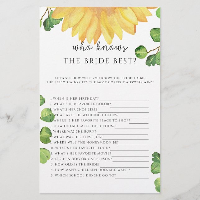 Sunflower Who knows the bride best game (Front)