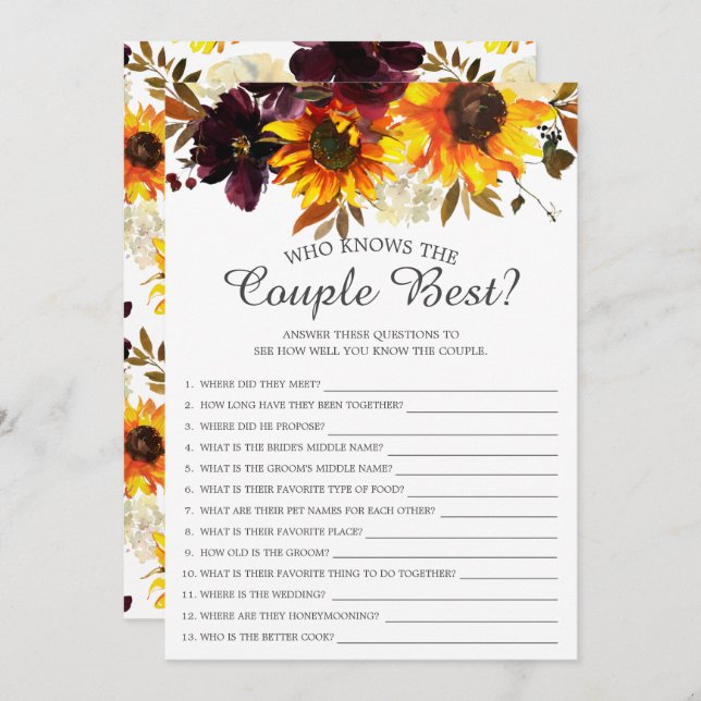 Sunflower Who Knows the Couple Best Bridal Game Invitation (Front/Back)