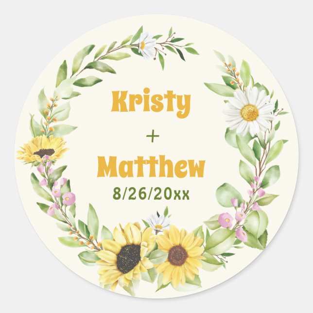 Sunflower Wildflower Fall Autumn Wedding Guest Classic Round Sticker (Front)