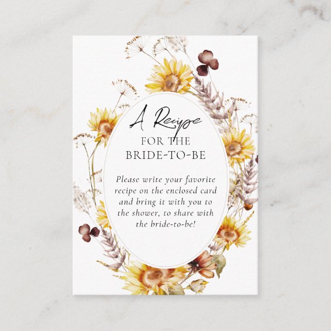 Sunflower Wildflower Modern Bridal Shower Resipe Enclosure Card (Front)
