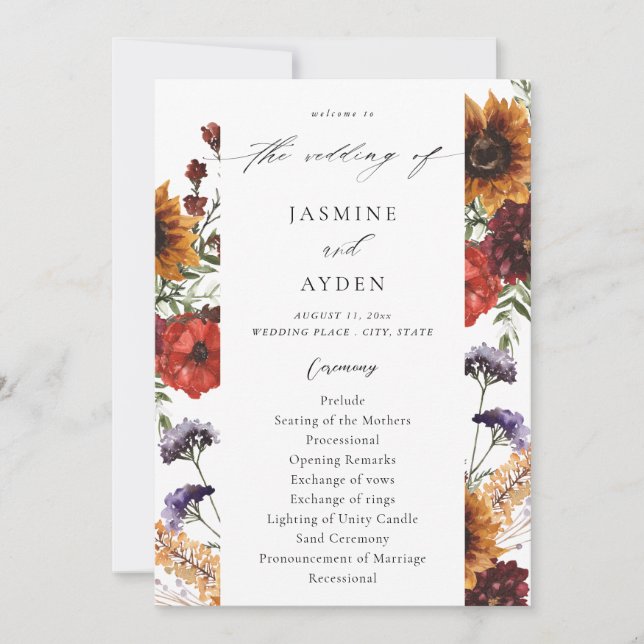 Sunflower & Wildflowers Floral Wedding Program Invitation (Front)