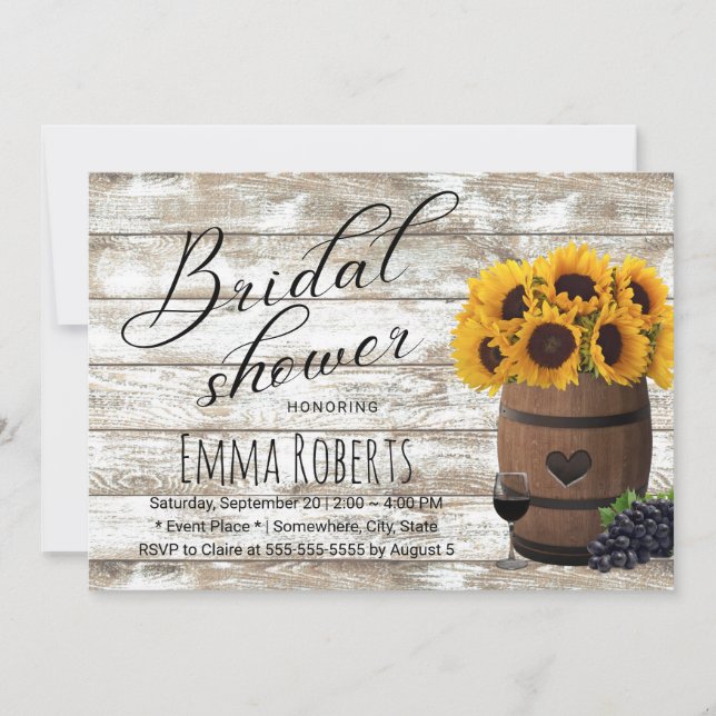 Sunflower Wine Barrel Rustic Barn Bridal Shower Invitation (Front)