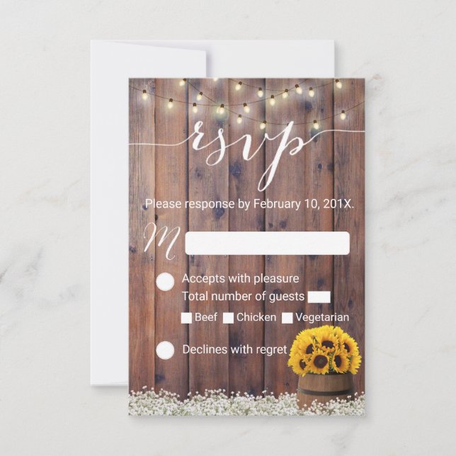 Sunflower Wine Barrel Rustic Wedding RSVP Card (Front)