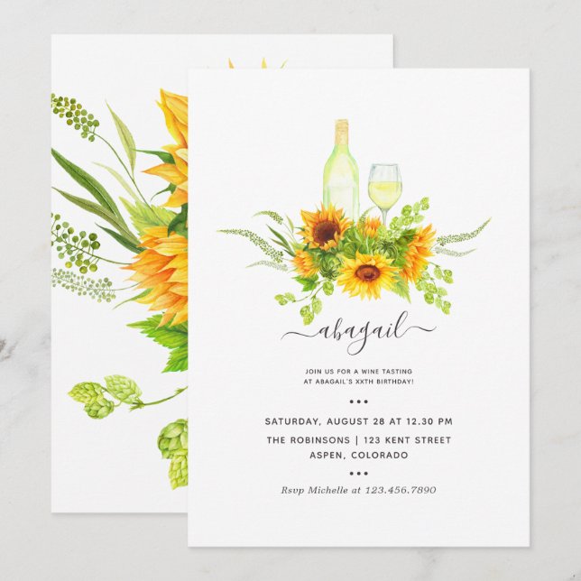 Sunflower Wine Tasting Birthday Party Invitation (Front/Back)
