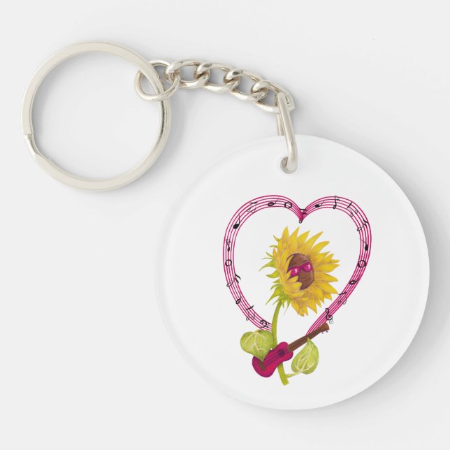 Sunflower with a Ukulele and Music Notes Key Ring (Front)