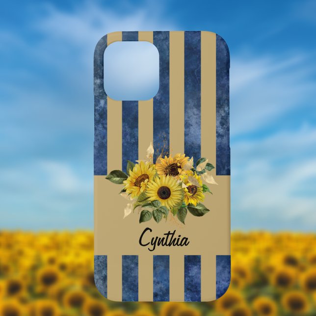 Sunflower with Antique Blue and Gold Stripes Case-Mate iPhone Case (Creator Uploaded)