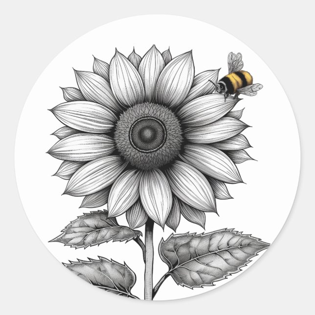 Sunflower with Bee Black and White Sticker Seal (Front)