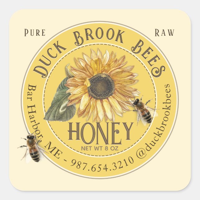 Sunflower with Bees Honey Bear Label 8 & 12 oz  (Front)