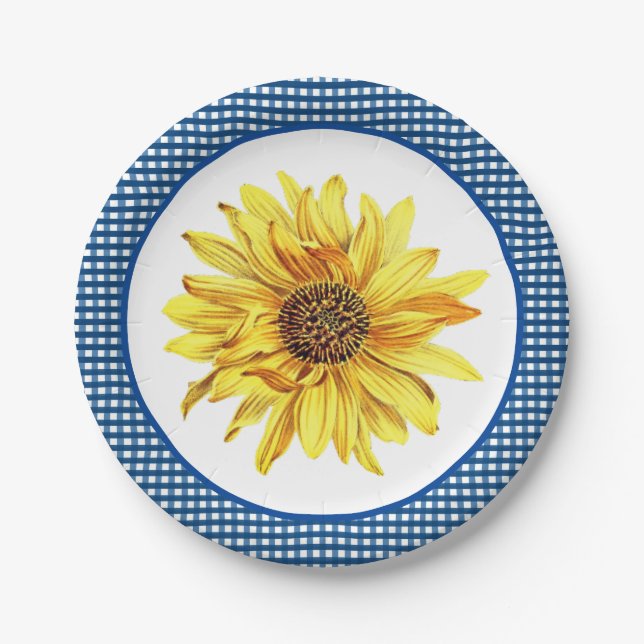 Sunflower with Blue Gingham Border / Country Style Paper Plate (Front)