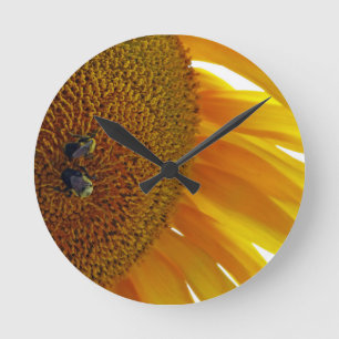 Sunflower with Bumblebees Round Clock