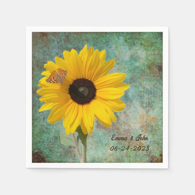 Sunflower with Butterfly Wedding Cocktail Napkin (Front)