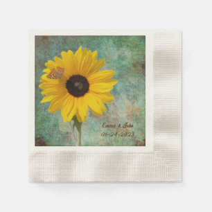 Sunflower with Butterfly Wedding Coined Cocktail Napkin